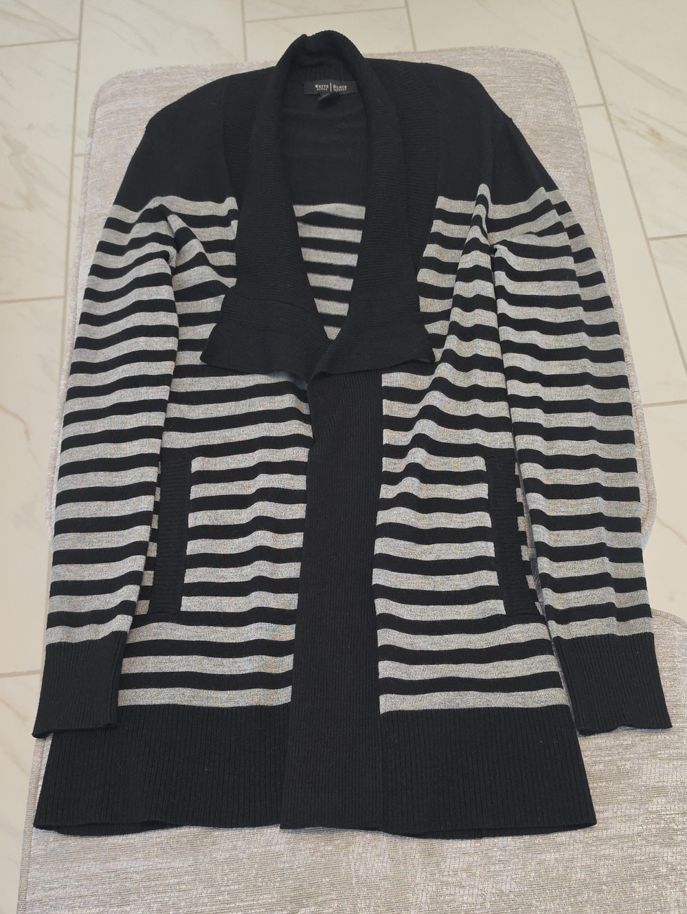 Stripe Open-Front Mid Length Cardigan Sweater in Black and Gray Never Worn